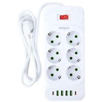 Amper сетевой удлинитель, 4,0м, 6 розеток, 10А, 2500 Вт, 4usb,2Type-C, белый. [JH-1076U-4W]