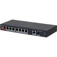 DAHUA DH-PFS3110-8ET1GT1GF-96 10-портовый неуправляемый коммутатор с PoE, 8xRJ45 10/100Mb PoE, 1xRJ45 1Gb uplink, 1xSFP 1Gb uplink, суммарно 96Вт, коммутация 5.6 Гбит/с, MAC-таблица 8К, металл