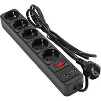 Exegate EX295490RUS Сетевой фильтр-удлинитель с USB зарядкой ExeGate SP-5-USB-1.8B (5 евророзеток с заземлением, 2 USB-A 2A, 1.8м, защита от перегрузки, выключатель с подсветкой, черный)