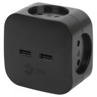 ЭРА Б0049536 Разветвитель электрический SP-4-USB-B на 4 розетки 220V + 2xUSB 2400mA, без заземл 10А (черный)